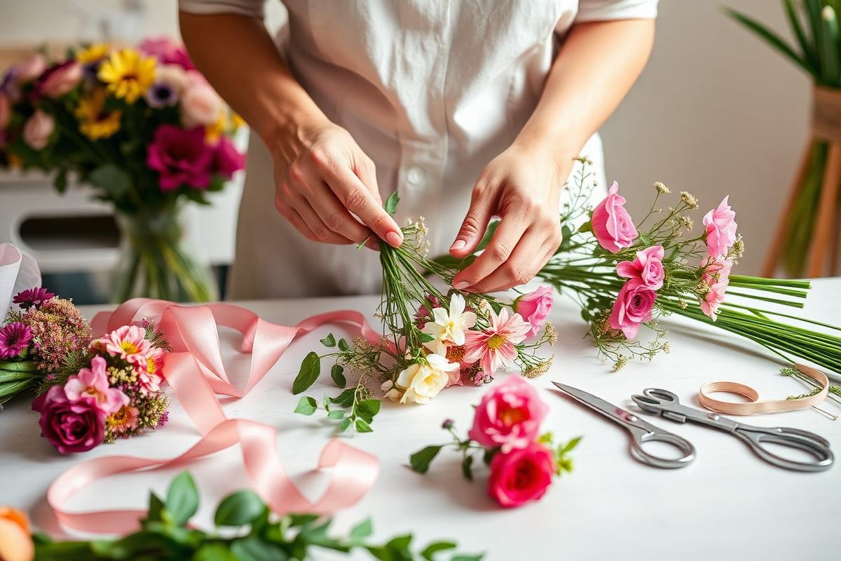 Florist arranging a bouquet at a workshop table